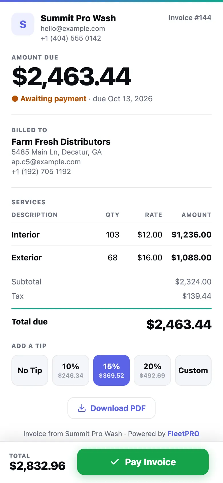 Invoice with tip and pay button