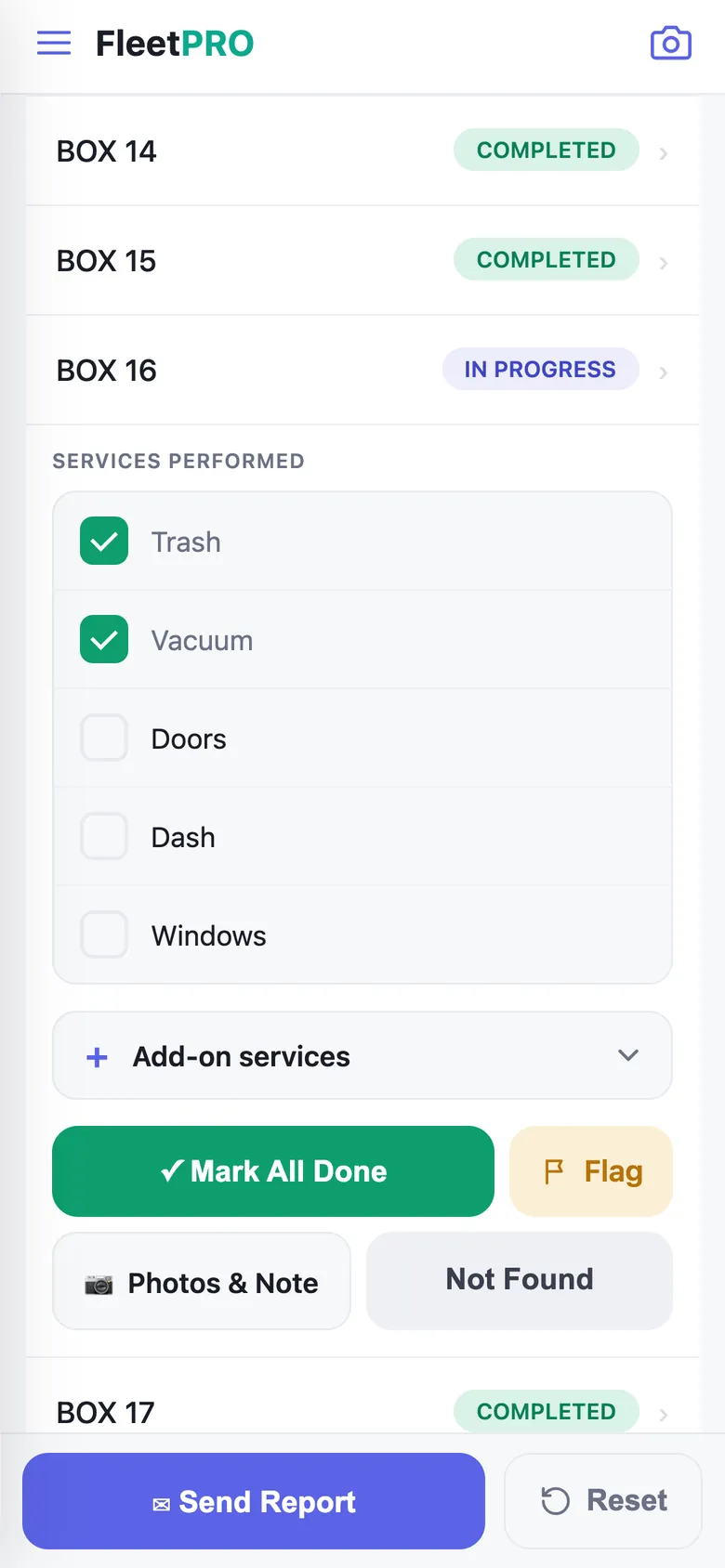 Work Mode vehicle checklist