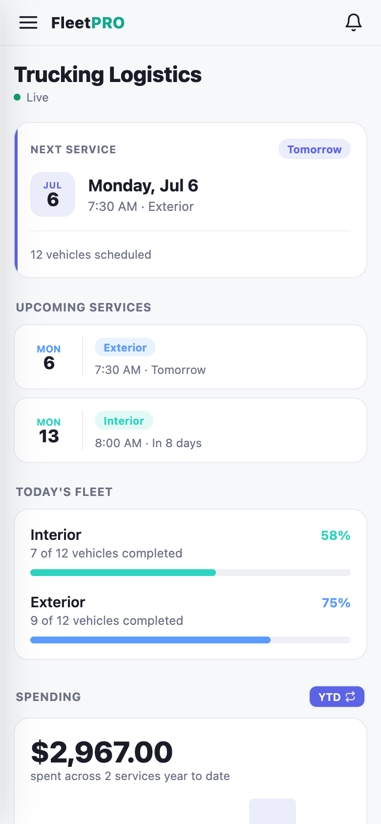 Client portal — next service, live fleet progress, and spending