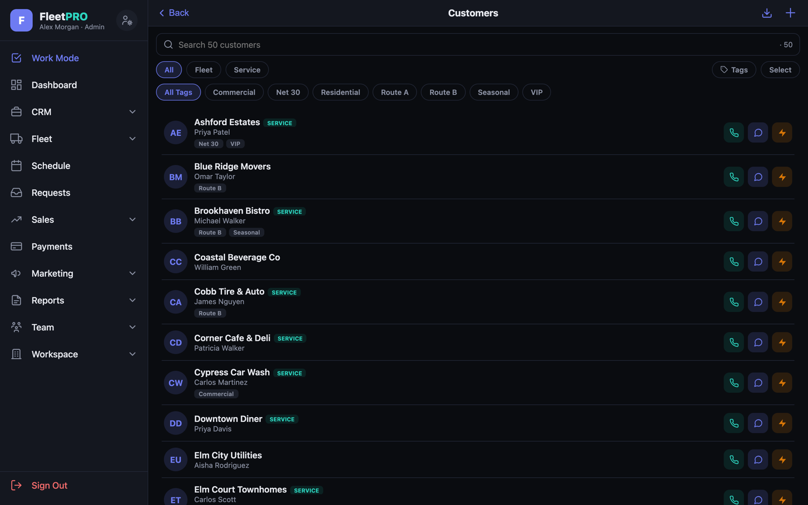 Customers CRM — search, filters, tags, call/text quick actions