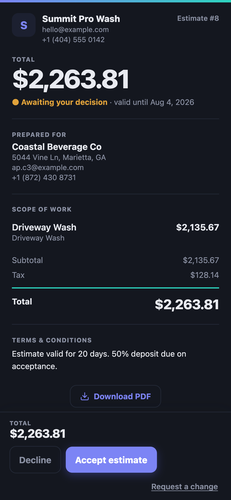 Public estimate page — what the customer sees