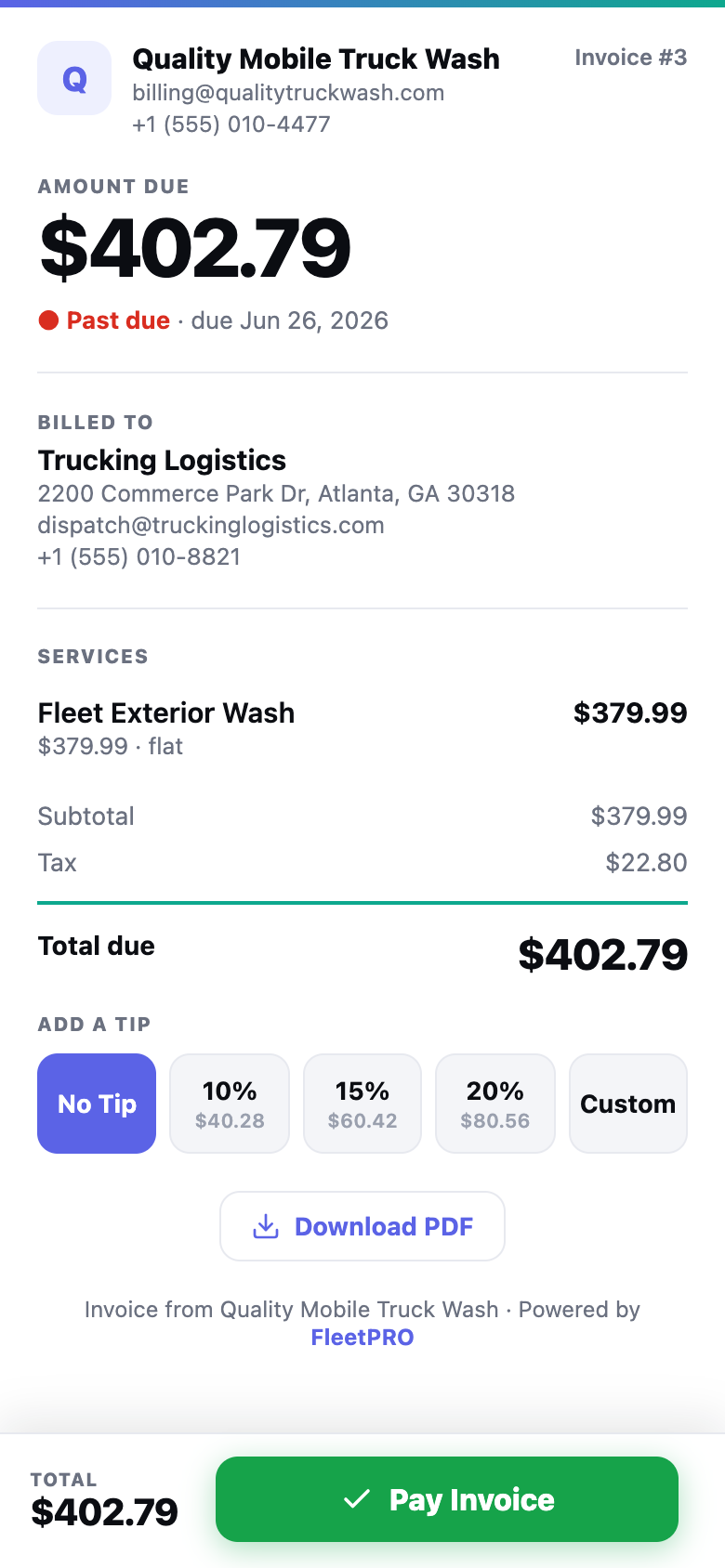 Hosted payable invoice page with tip selector and Pay button
