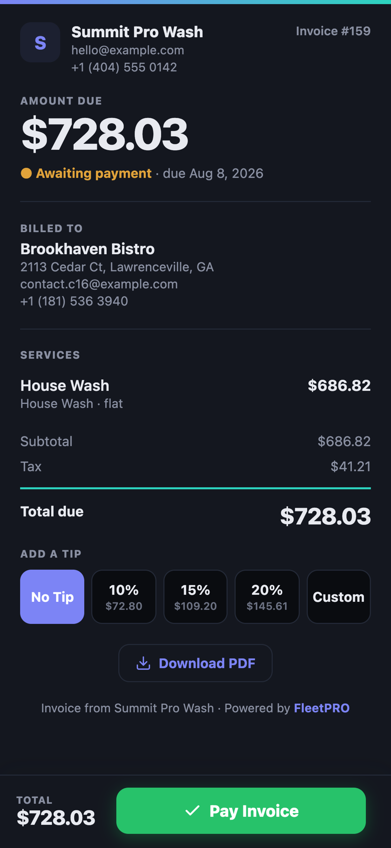 Hosted payment page with tip selector and Pay Invoice button