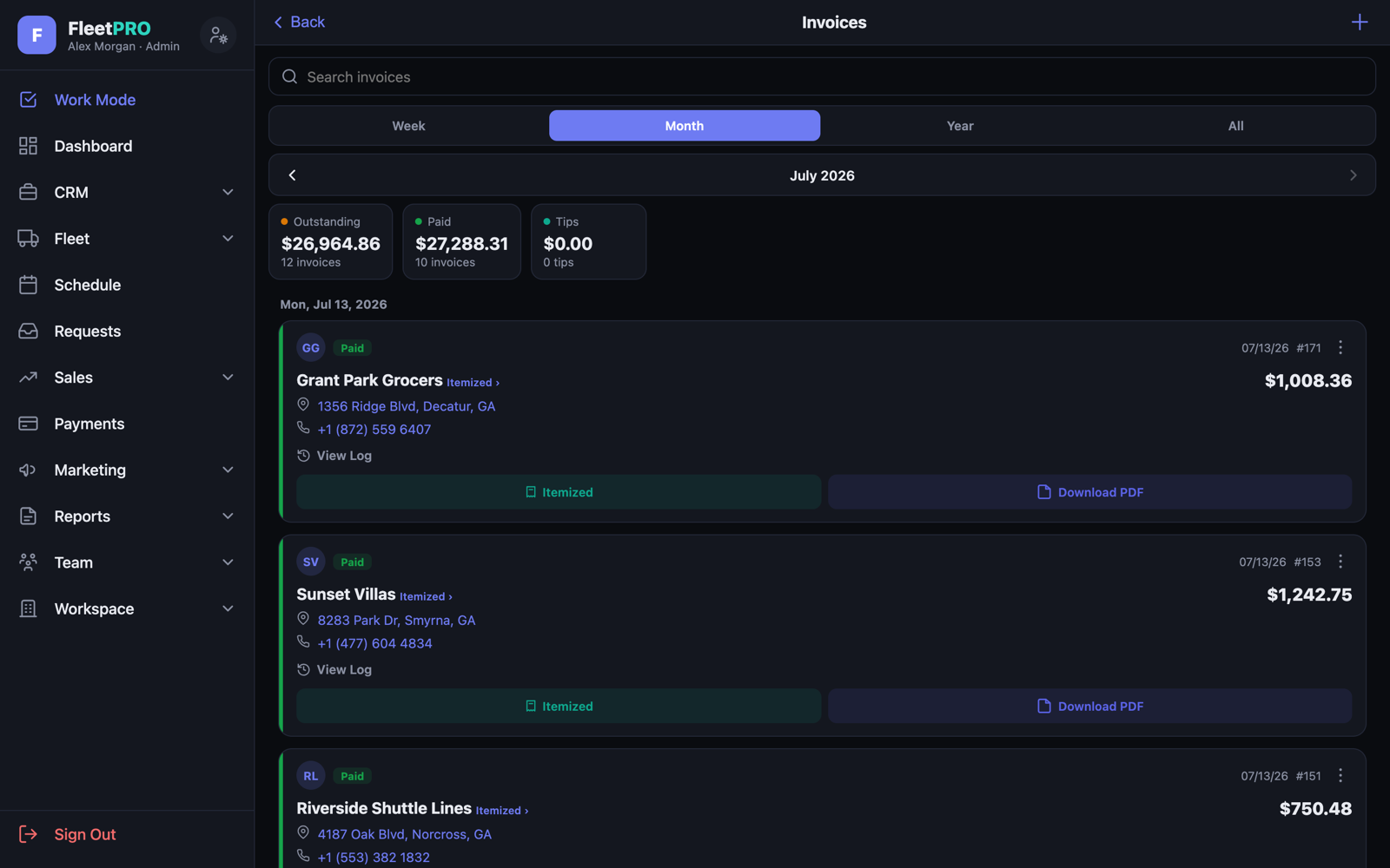 Invoices — Outstanding, Paid, and Tips metric cards with rich invoice cards
