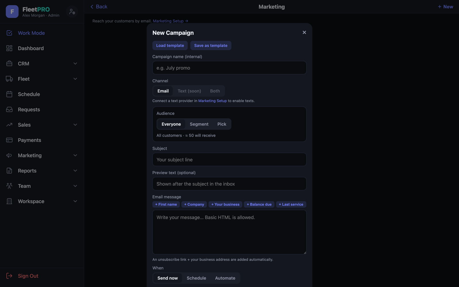 Campaign composer — channel, audience, merge tags, send now / schedule / automate