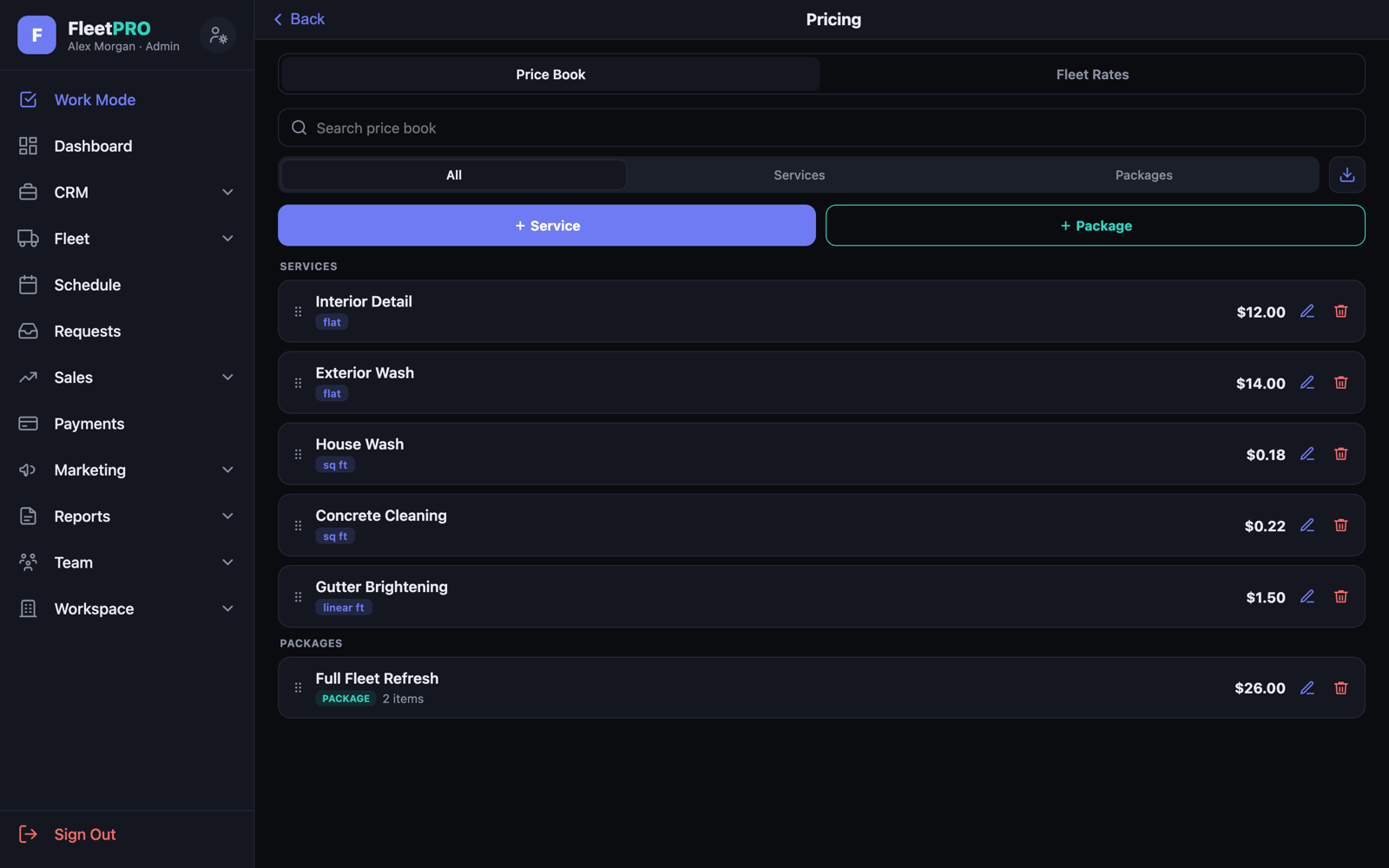 Price Book — services and packages with unit types