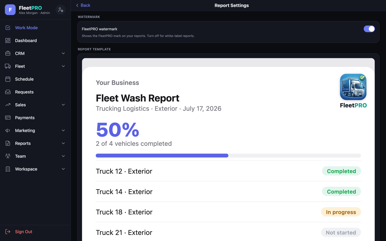 Report Settings — live-branded template picker and watermark toggle