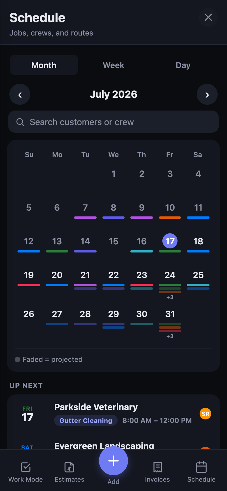 Schedule — month view with colored job bars and Up Next agenda