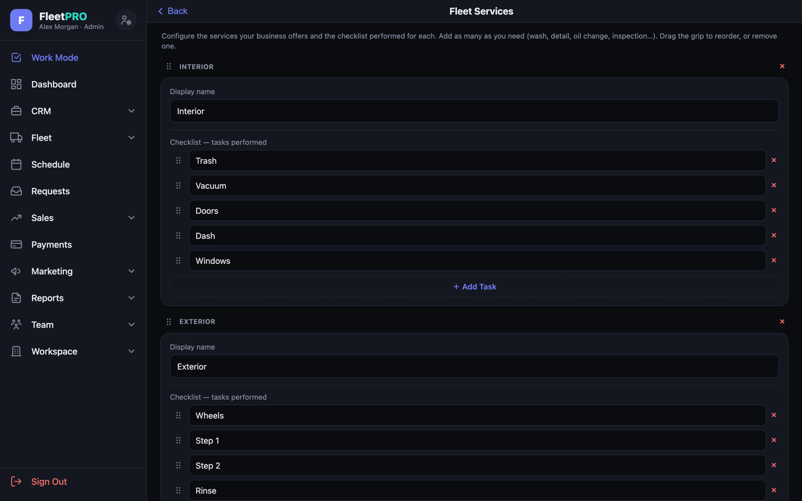 Fleet Services — custom service checklists with drag-to-reorder tasks