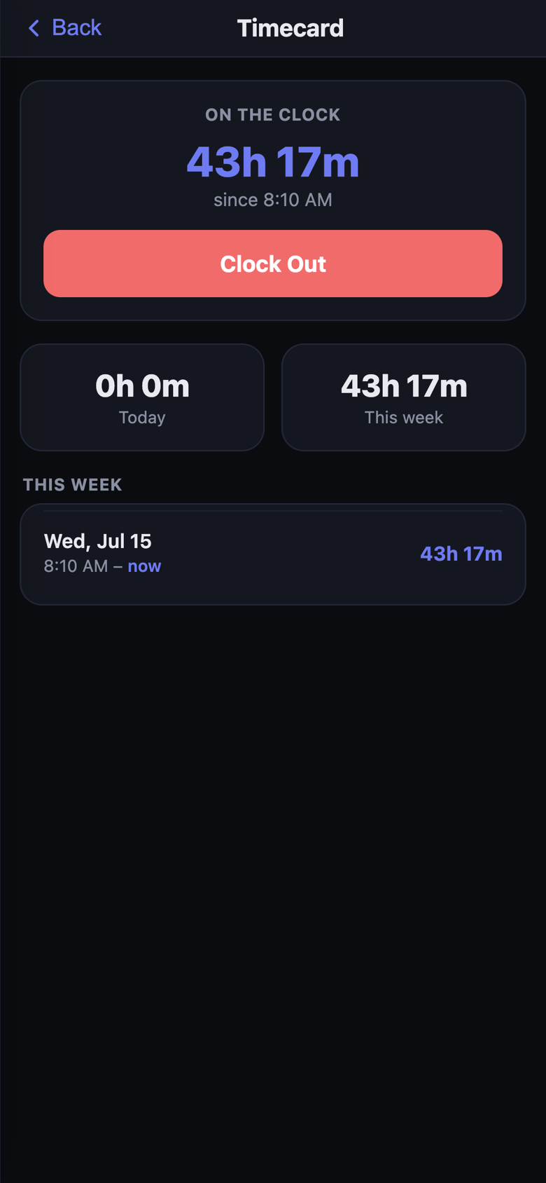 Crew timecard — on the clock with today and weekly totals