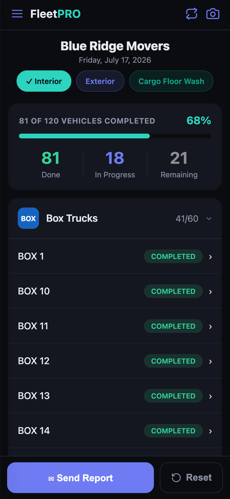 Work Mode — grouped vehicle checklist with live progress